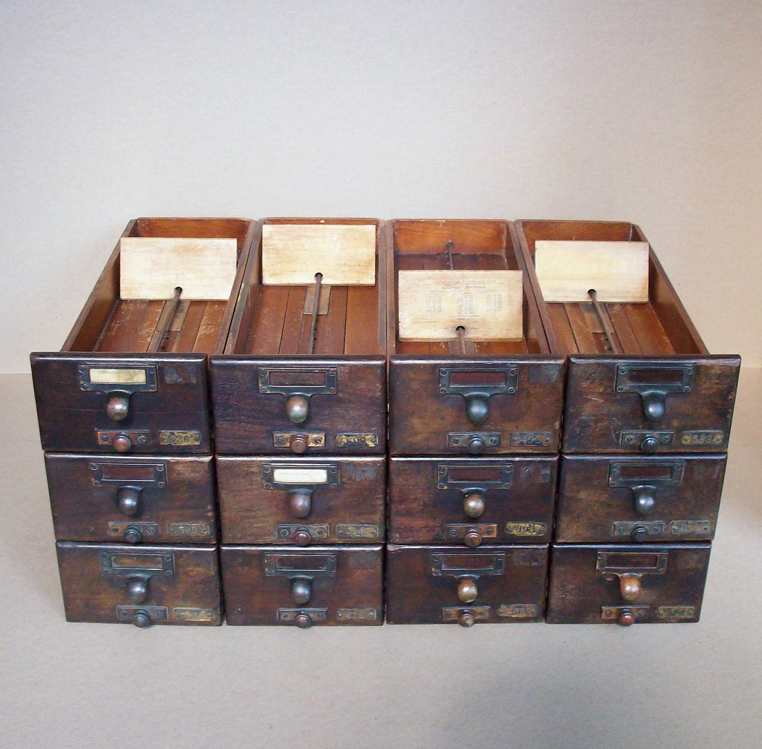 Vintage Library Card Catalogue Drawers with Label Hardware / Wood / Distressed