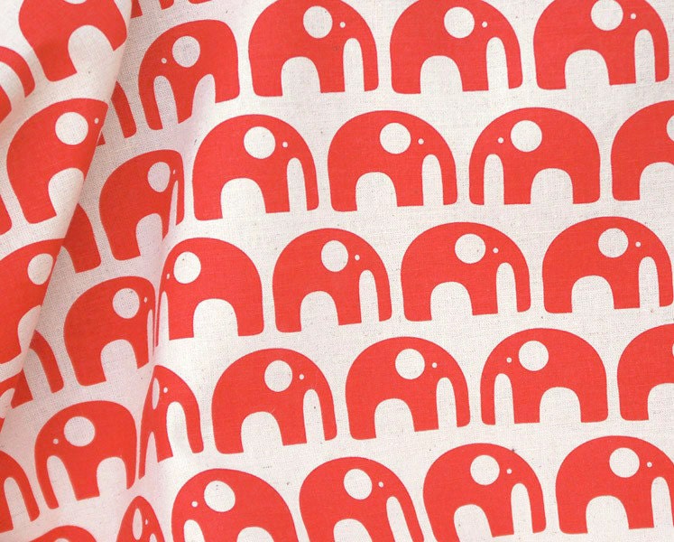 Hand-printed Elephants in Red fabric by Australian designer Carly Schwerdt (1/2 metre)