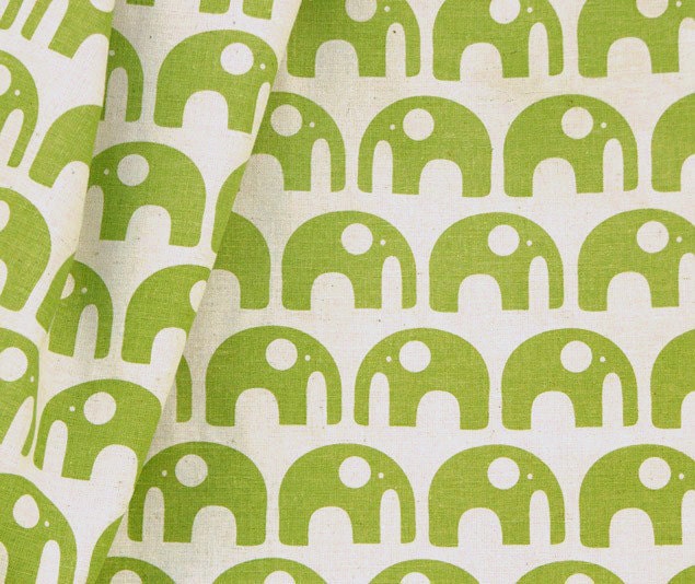 Hand-printed Fabric - Elephants in Spring Green by Carly Schwerdt - Screenprinted on organic cotton & hemp (fat quarter)