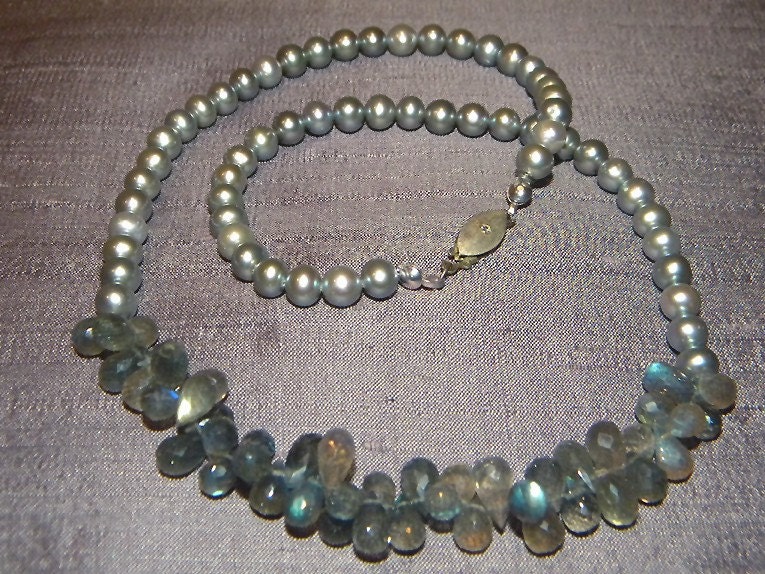 moonlight silver-blue pearl and blue-flash labradorite briolette necklace