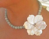 pearl flower necklace on aquamarine - (Made to order in your choice of gemstones.)