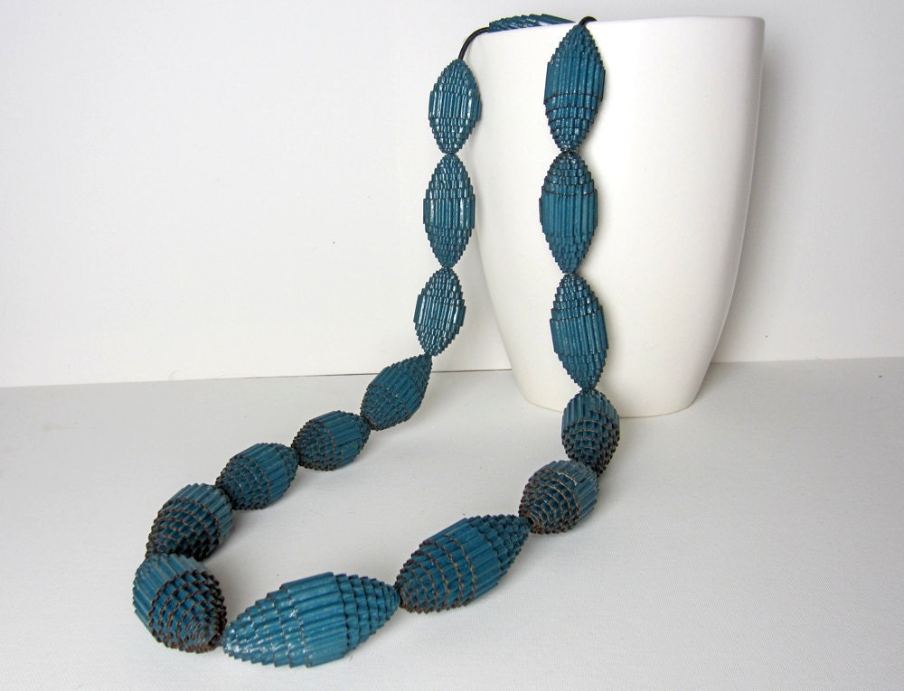 Teal: Statement Necklace with Beads of Corrugated Cardboard - PaperStatement