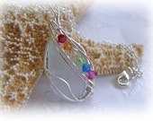 Wire Wrapped Beach Glass Seaglass Pendant - Aqua Beach Glass Rainbow