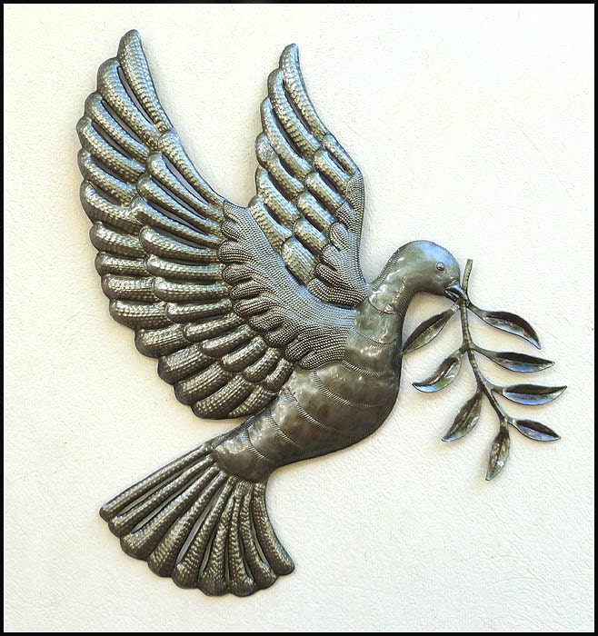 Peace Dove w/ Olive Branch Metal Wall Art - Hammered Recycled Haitian Steel Oil Drum Art - 303