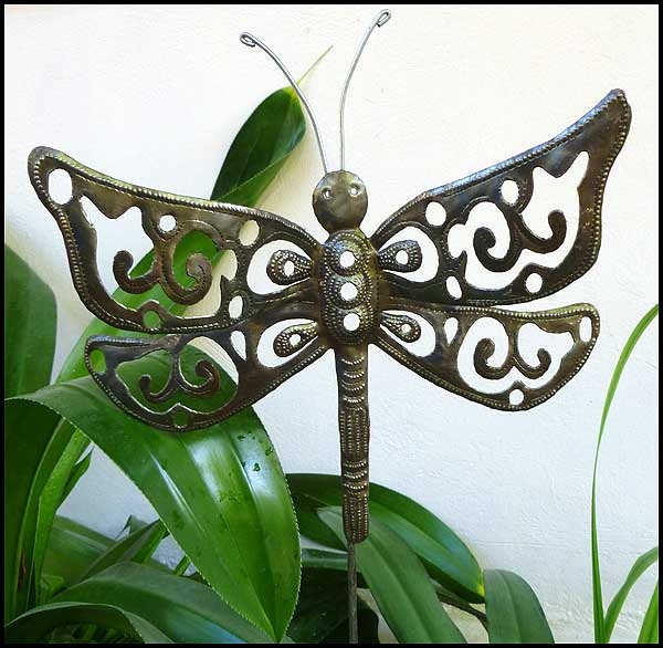 Metal Plant Stake - Dragonfly Garden Plant Stick 11" x 13" - Steel Drum Art from Haiti - PS-1788