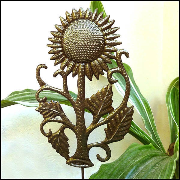Sunflower Metal Plant Stake - Garden Plant Marker 7" x 12"- Steel Drum Art from Haiti - PS-1769