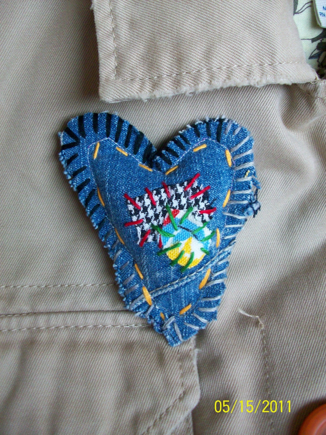 upcycled patchwork brooch Take A Piece Of My Heart wishing rock by Claudia Fill