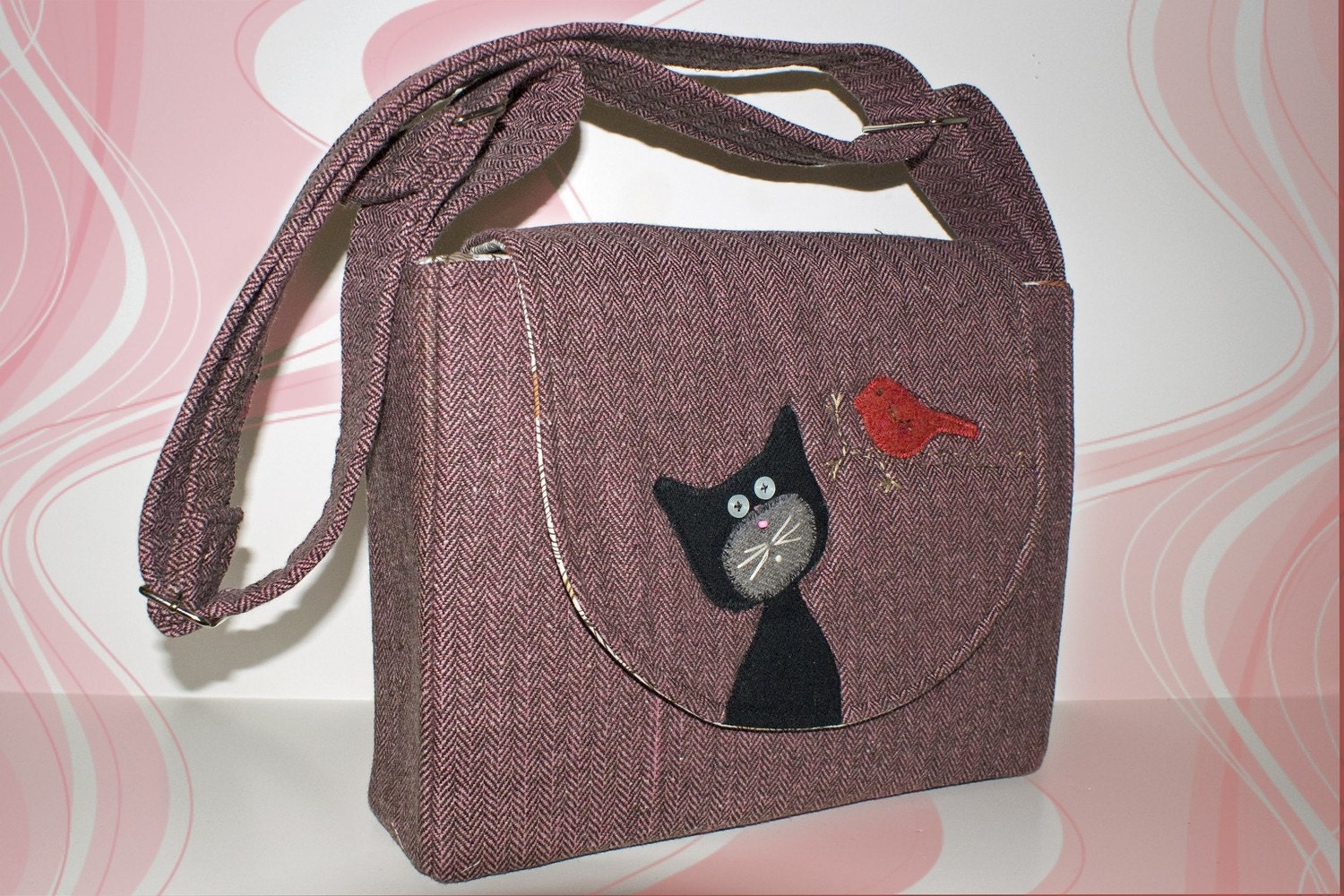 Reclaimed Wool Messenger Bag Kitty and Bird by VintageToNew