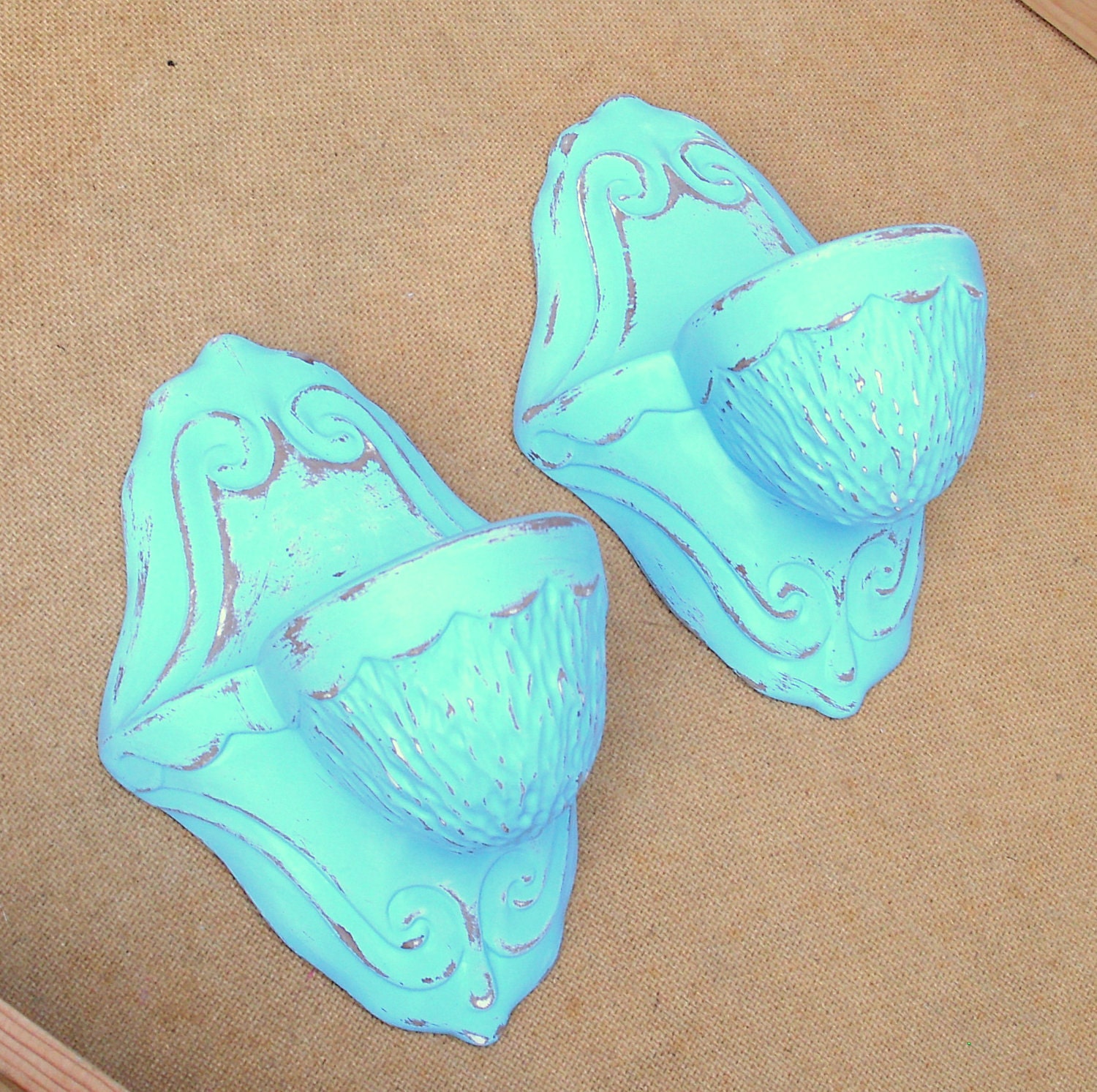 Pair of Vintage Plaster Wall Sconces or Shelves - upcycled shabby chic - painted aqua blue