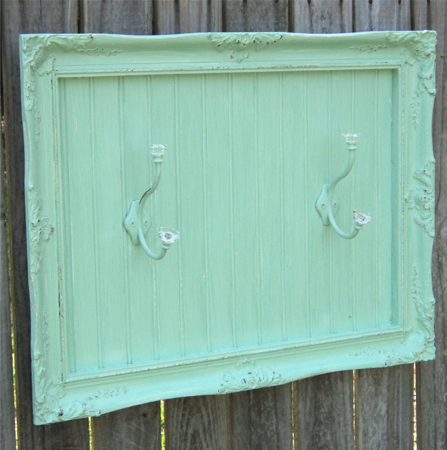 RESERVED For NORA PLATT Coat Rack / Towel Hooks Aqua Green Gesso Frame