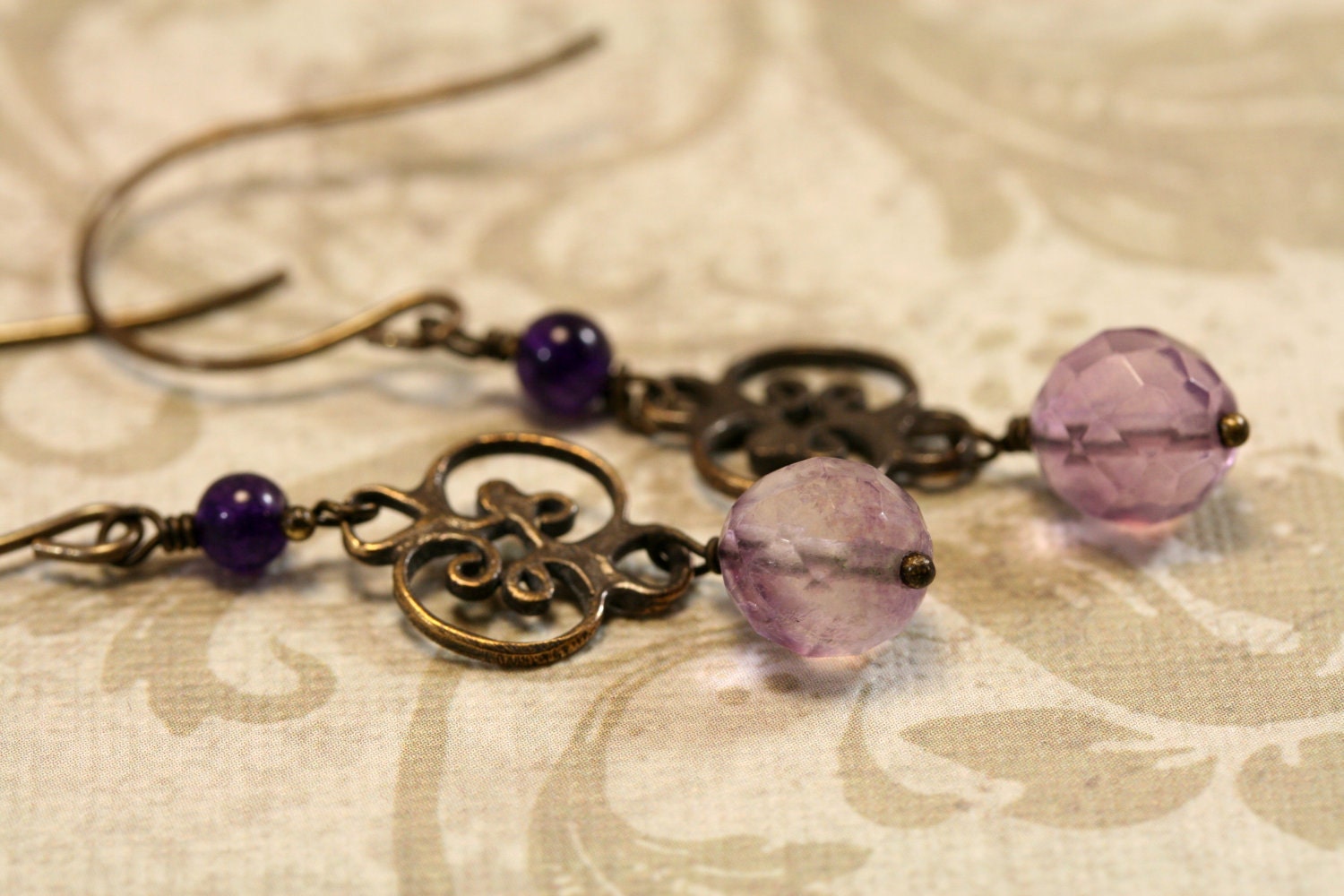 Gemstone, bronze scroll earrings, purple and brass - simply4him