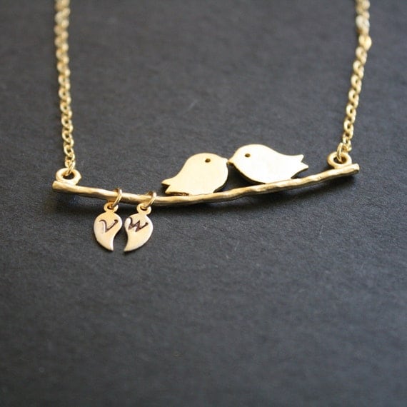 RESERVED for Daniel Love Bird Necklace Custom Initial Leaf Gold Personalized Necklace