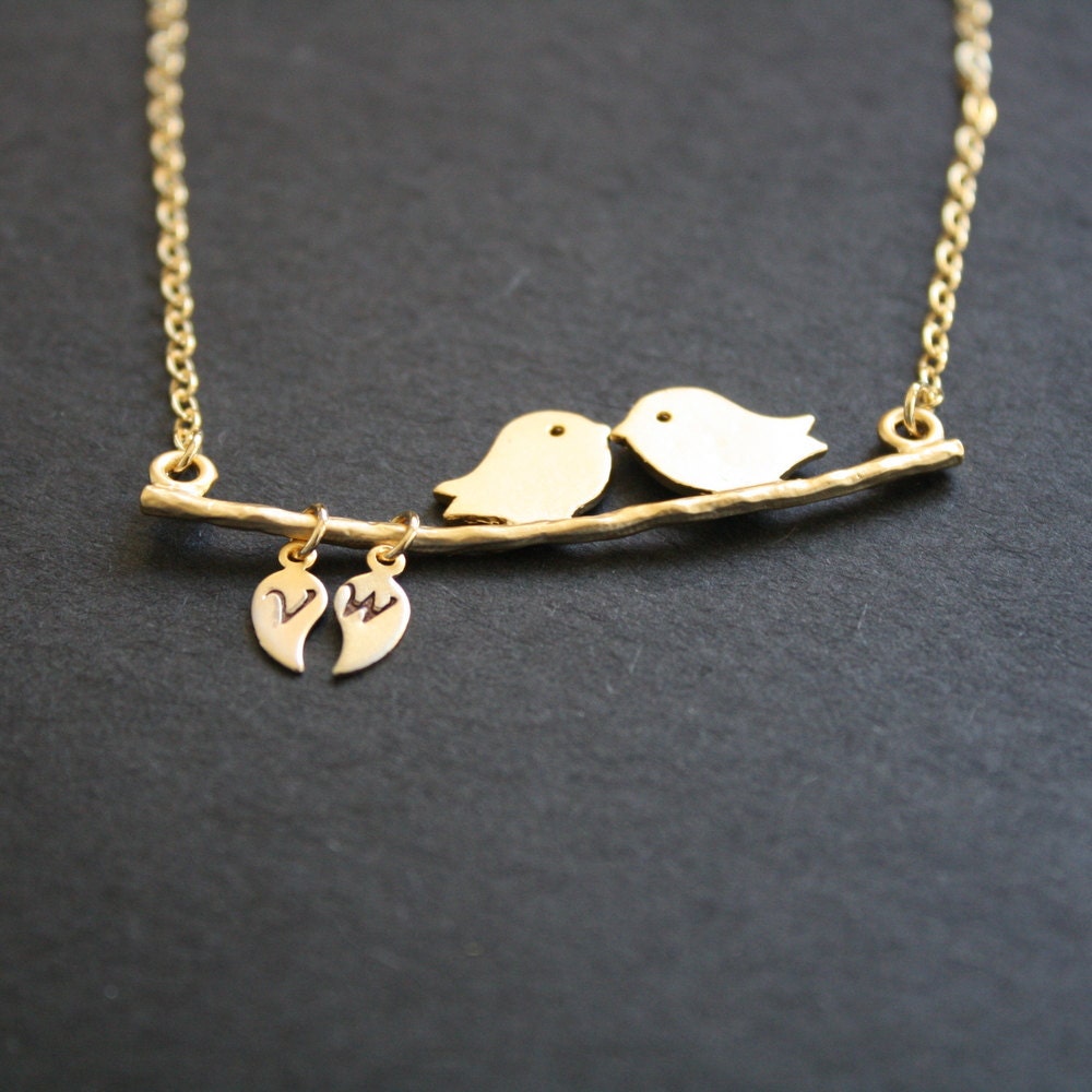 RESERVED for Daniel Love Bird Necklace Custom Initial Leaf Gold Personalized Necklace