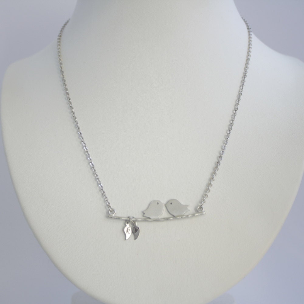 Personalized Necklace Lovebird Necklace Custom Initial Leaf Silver Initial Jewelry