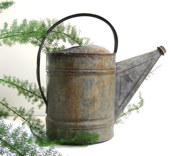 Large Vintage Wheeling Galvanized Watering Can by lakesidecottage