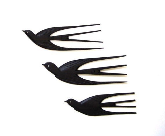 3 Vintage African Ebony Carved Swallow Wall Hangings
