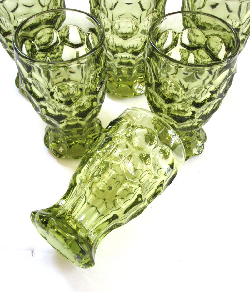6 Vintage Imperial Provincial Verde Green Glass 5 oz. Footed Tumblers