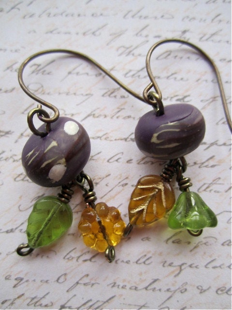 Purple, green and gold Polymer Clay and Czech Glass Earrings