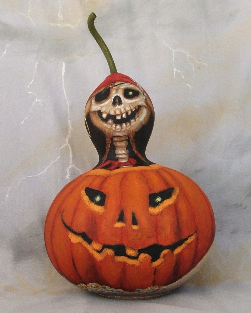 Laughing Tom, Rich and Dead, skeleton pumpkin gourd, Halloween, 9 inches tall