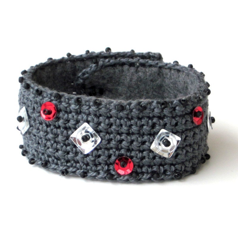 Crocheted Cuff Bracelet Bohemian Boho Bracelet Wearable Art Cotton Gray Red Silver Sequins Summer Fashion Jewelry