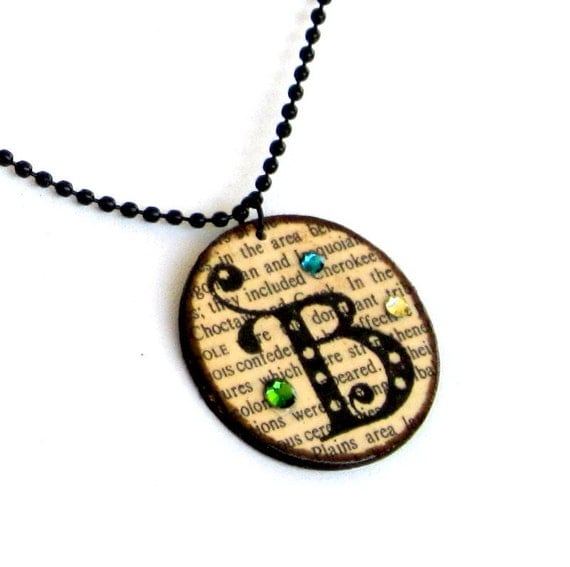 Personalized Necklace Initial Jewelry Pendant Monogram Swarovski Crystals Dictionary Librarian Teacher