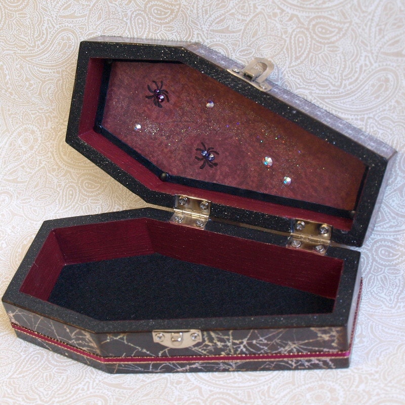 Gothic Halloween Jewelry Box Coffin Shape Decoupaged Goth Casket Keepsake Box with Spiders