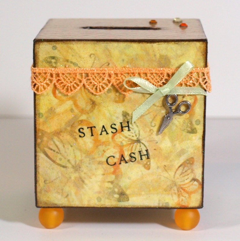 Savings Bank Decoupaged Wood Coin Bank Square Piggy Bank Yellow Light Orange Crafters Stash