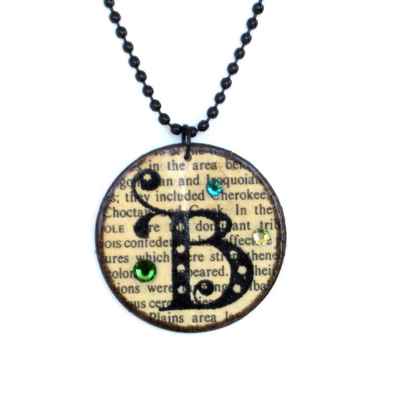 Personalized Necklace Initial Jewelry Pendant Monogram Swarovski Crystals Dictionary Librarian Teacher