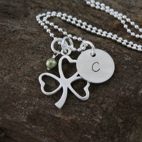 Shamrock / Clover Initial Necklace -  Hand Stamped Sterling Silver  Personalized Necklace
