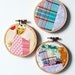 RESERVED-Crazy Patchwork Collages in 3 inch Hoops, Mixed Contemporary Prints, Pink, Yellow, Purple, Green. Set of 3. Wall Art.
