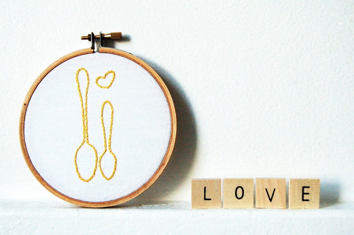 Valentines Day. Big and Little Spoon in Love. Hand Embroidery in 4 inch Hoop. Yellow on White. Needlecraft, Embroidery. Wedding Gift, Favor Handmade by merriweathercouncil on Etsy
