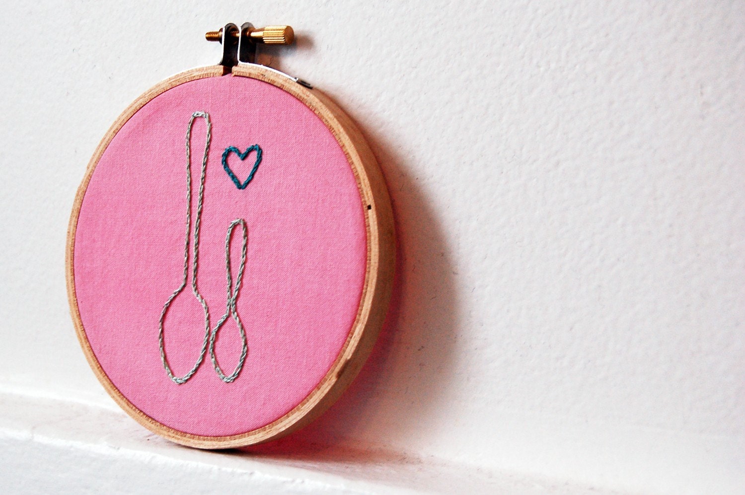 Valentines Day.Hand Embroidery in 4 inch Hoop. Big and Little Spoon in Love. Pink, Honeysuckle, Mint, Pastel. Needlecraft, Embroidery. Handmade by merriweathercouncil on Etsy