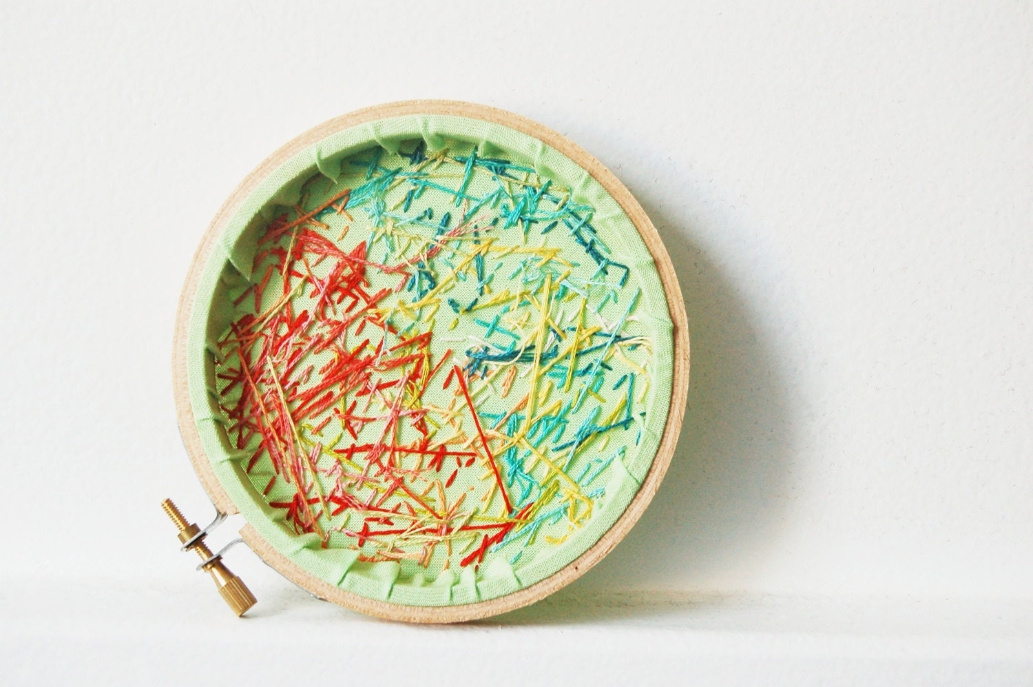 Hoop Wall Art. Hand Embroidered Wishbone Circle in 4 inch Hoop. Mint, Red, Blue, Aqua. By merriweathercouncil on Etsy