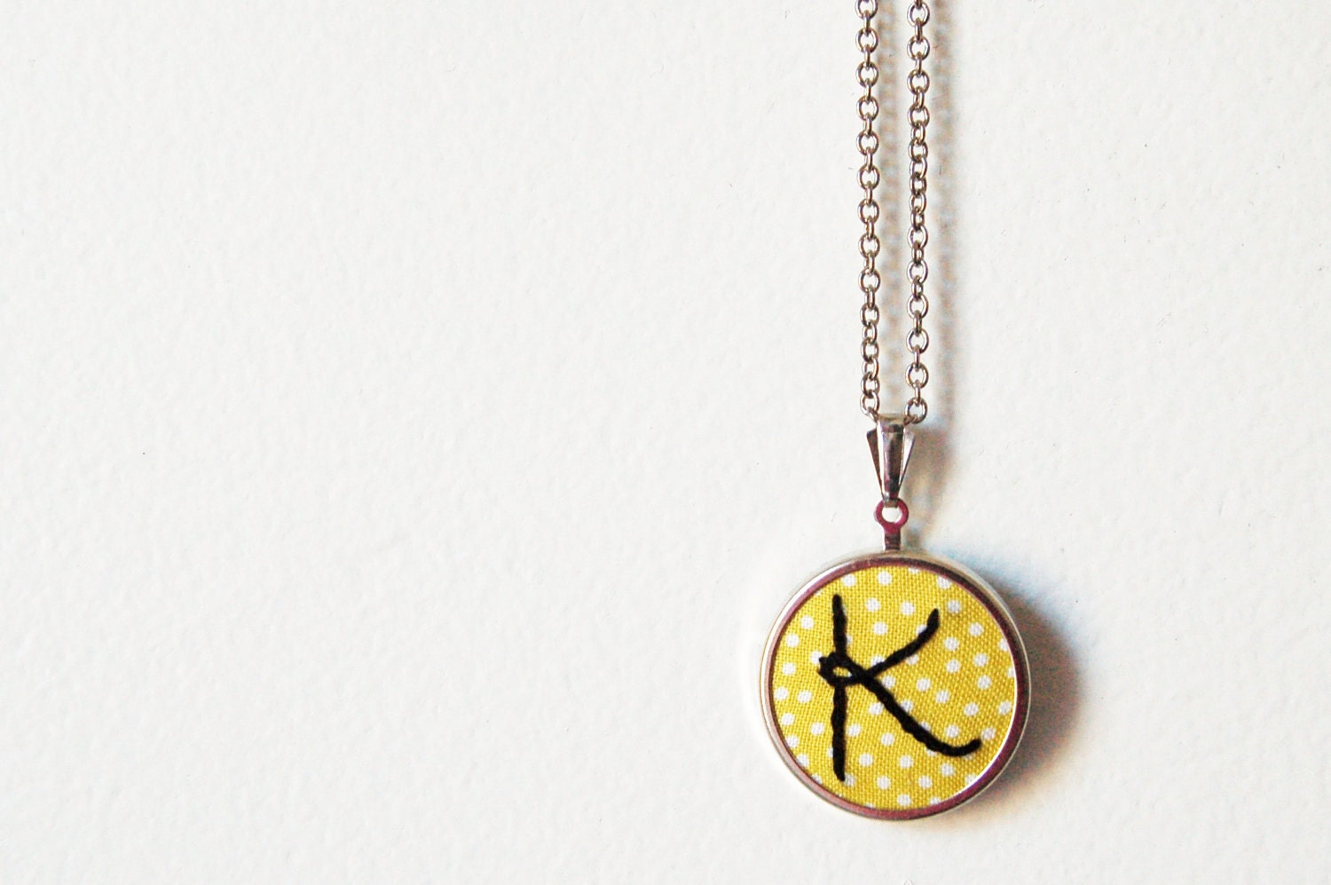 Embroidered Initial Necklace with Any Letter. On Printed Polka Dot Fabric. by merriweathercouncil on Etsy