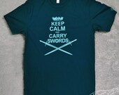Keep Calm and Carry Swords Shirt AND FREE TOTE Game of Thrones inspired  - Men and Woman's Unisex supersoft fitted Indigo Blue Tee