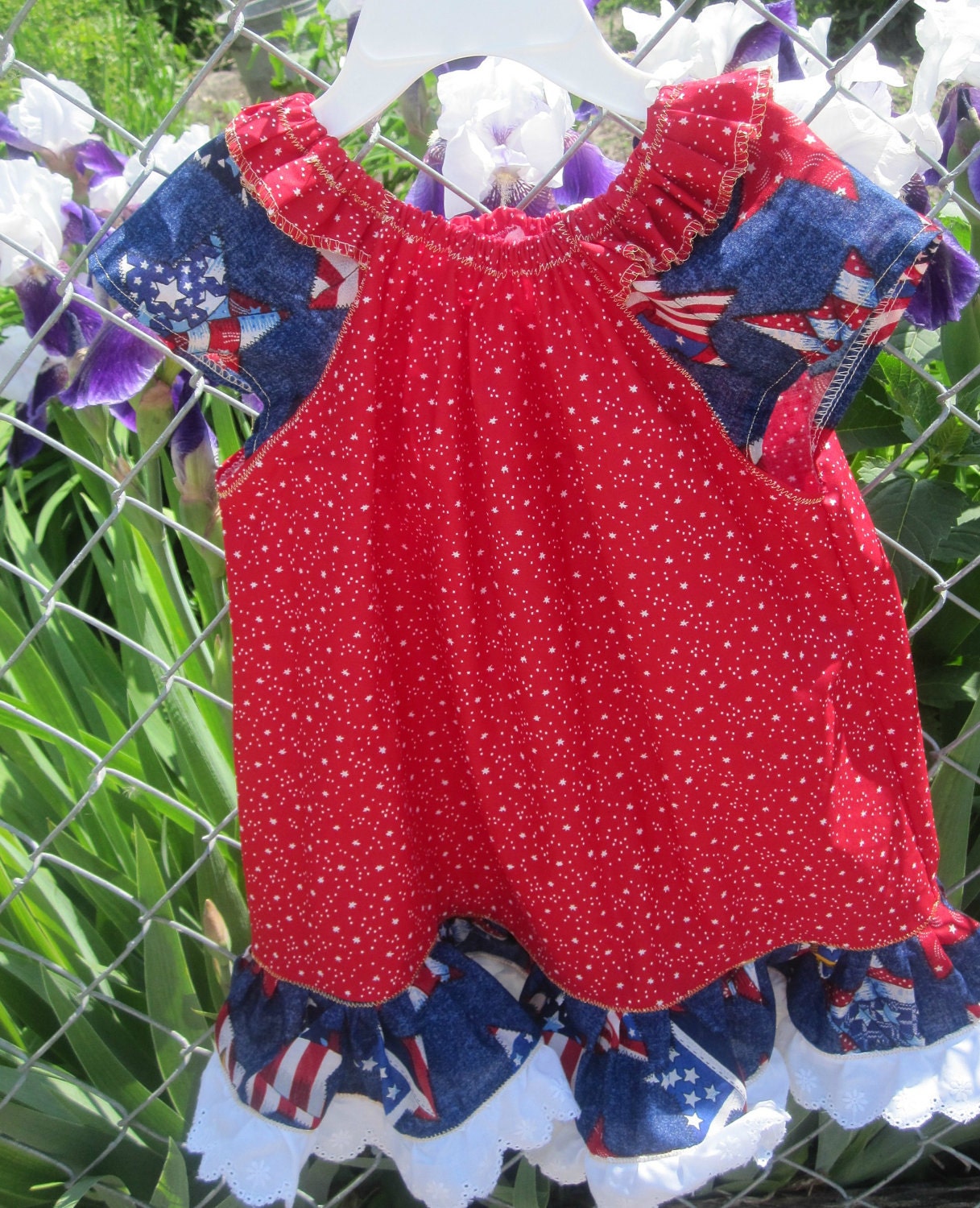 Ready To Ship12-18 month Red and white star with flag Ruffle Sleeve Sundress