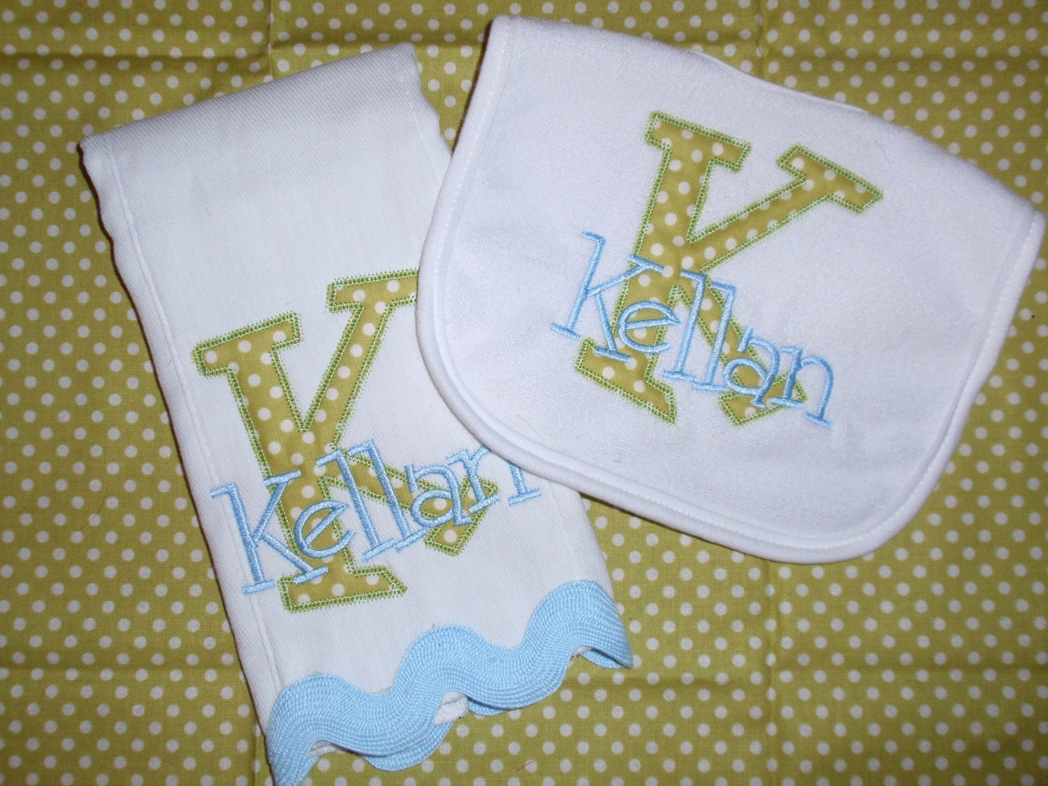 Jack and Jill Appliqued Letter Bib and Burp Cloth Set