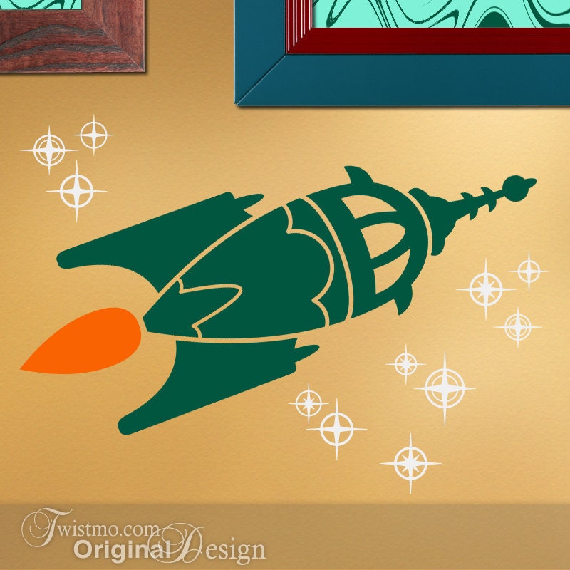 Vinyl Wall Decal: Retro Rocket Ship with Stars, Spaceship, Outer space, Boys Bedroom Room Decal