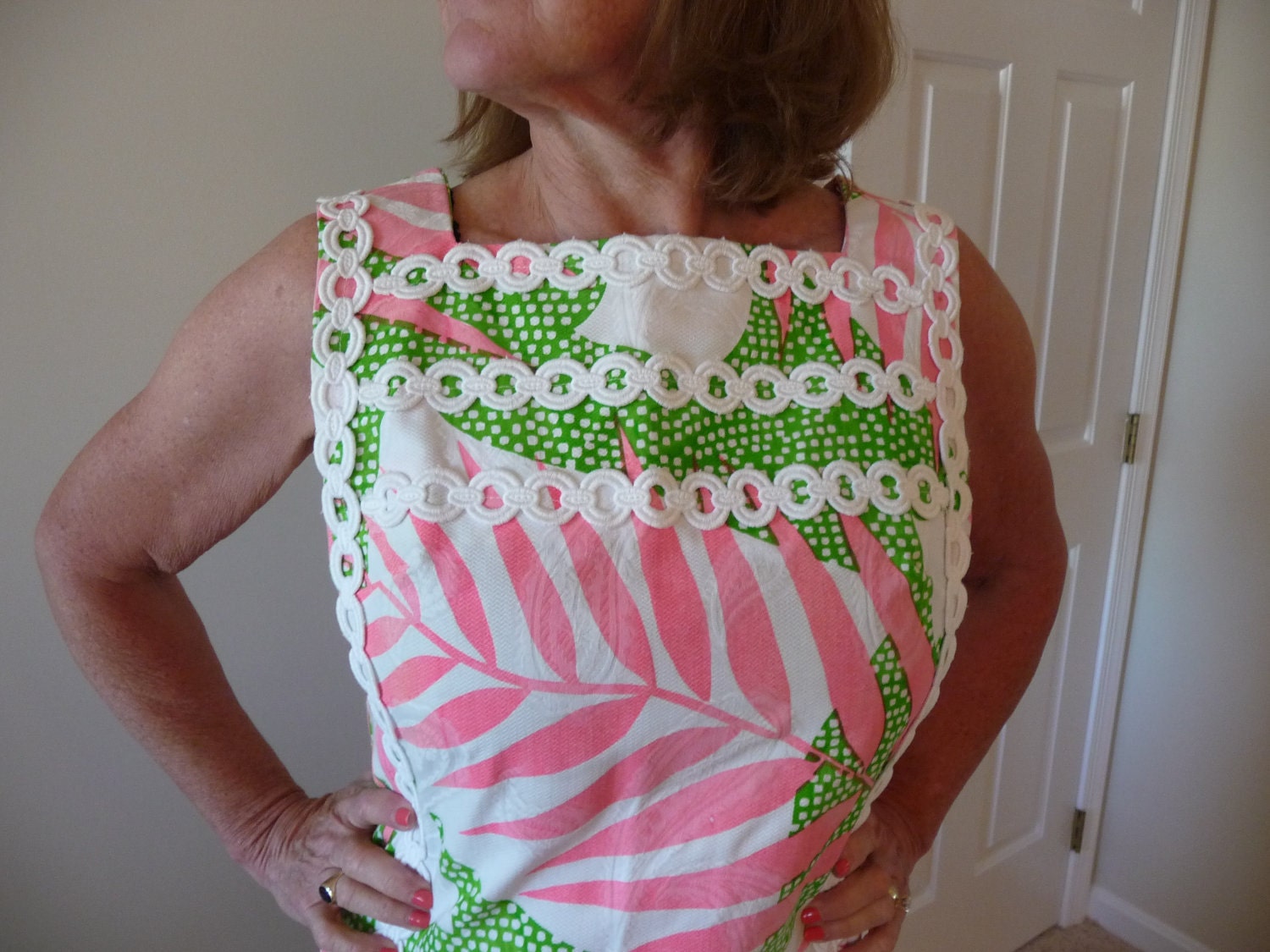 1960s Pink and Green Floral Beach Party Dress, L
