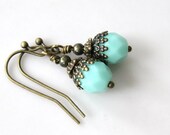 Vintage Crystal Czech Faceted Beaded brass earrings - Mint