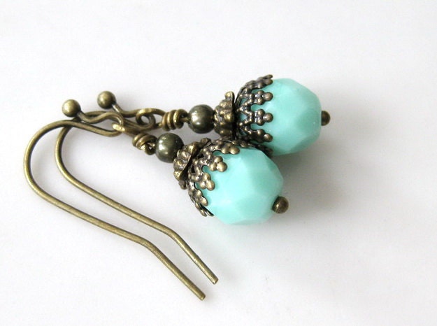 Vintage Crystal Czech Faceted Beaded brass earrings - Mint