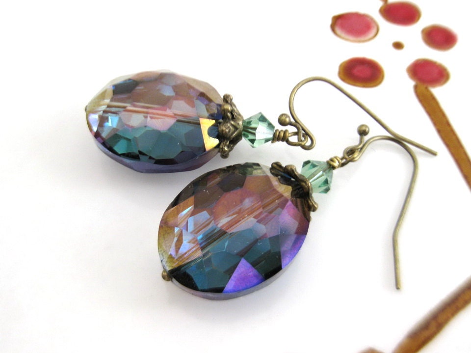 Czech Glass Green - Purple Faceted Crystal Brass Earrings