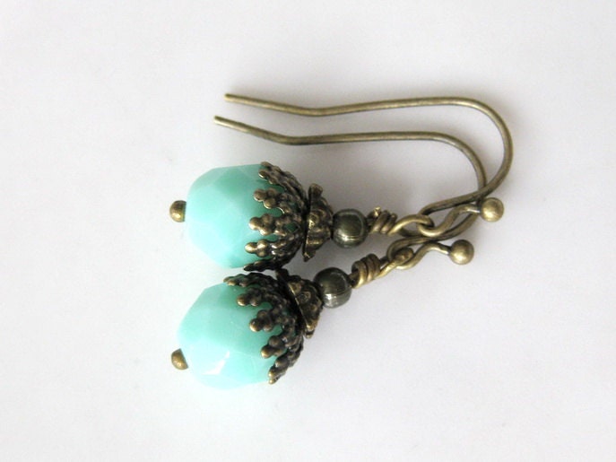Vintage Crystal Czech Faceted Beaded brass earrings - Mint