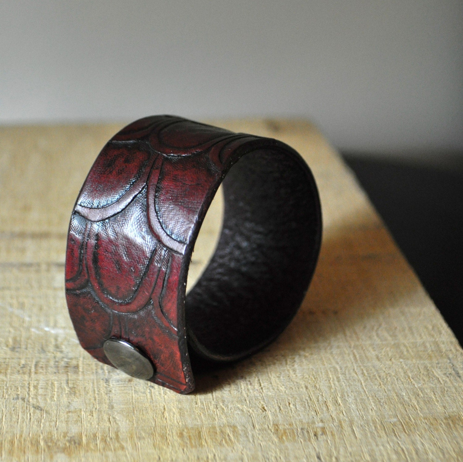 Scales Tooled Leather Carved Cuff - Mahogany Handmade