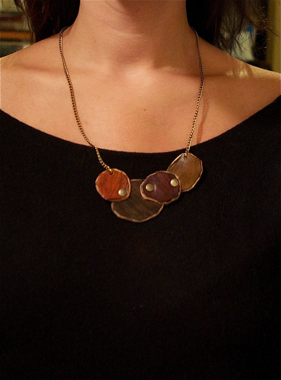 Handmade Tooled Leather Bib Necklace - Mulitcolored Circles