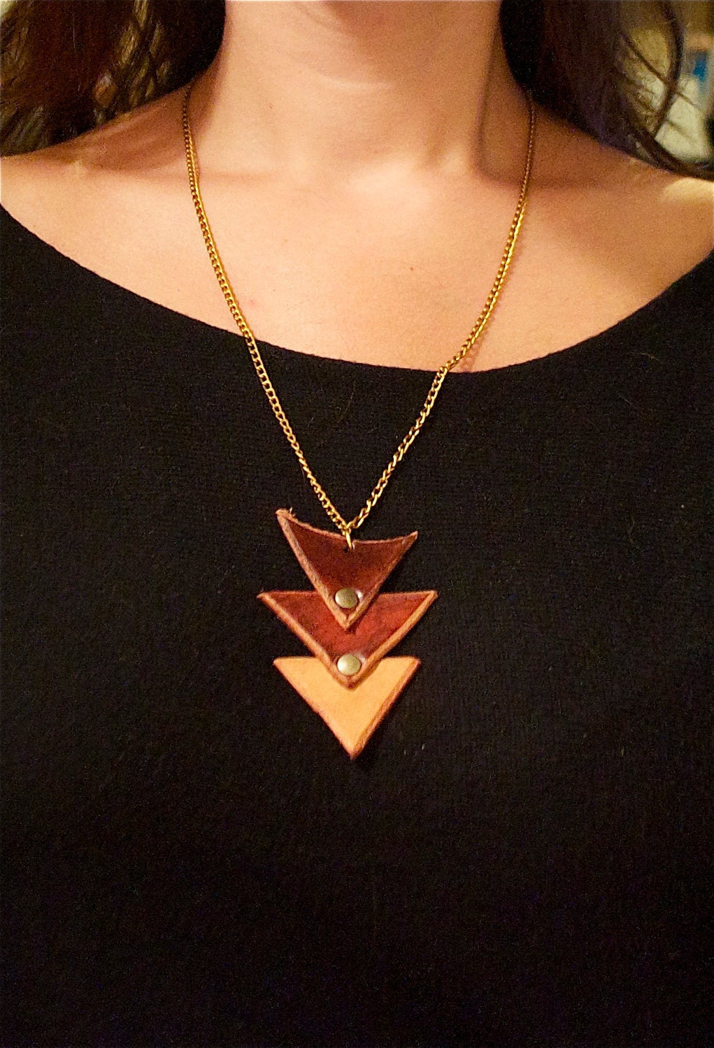 Handmade Carved Leather Layered Triangle Necklace - Multicolored