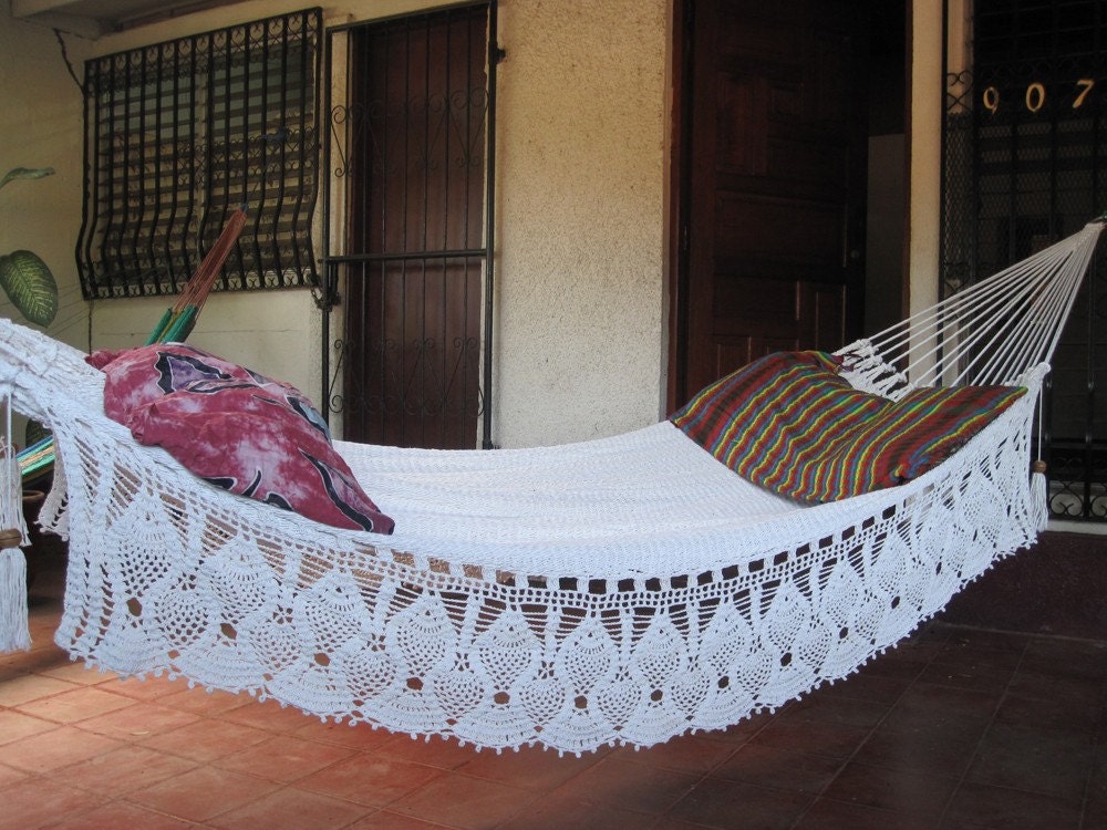 Beige Double Hammock hand-woven Natural Cotton with Bell Fringe Crochet