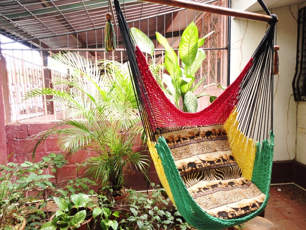 Red Yellow and Green Rasta Sitting Hammock, Hanging Chair Natural Cotton and Wood