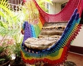 Rainbow Colors Sitting Hammock, Hanging Chair Natural Cotton and Wood plus Simple Fringe