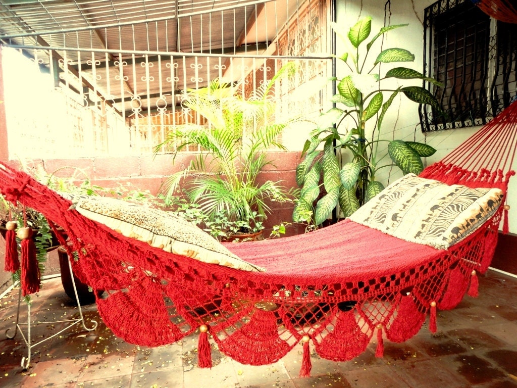 Red Hammock, Hand Woven Natural Cotton with Special Fringe